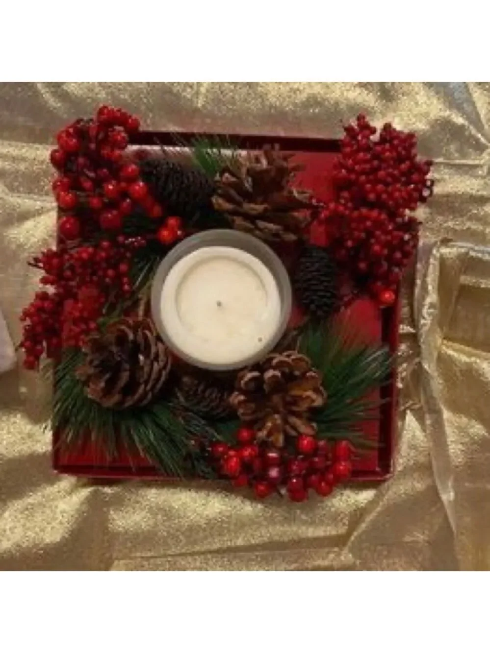 Holiday Centerpiece with votive candle - Greenery, Pinecones, Berries, Ring